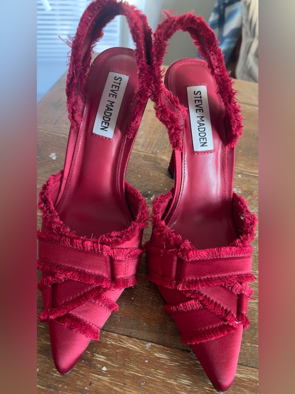 Steve Madden Red Frayed Strap Slingback Heels